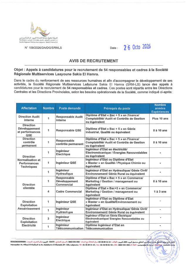 Aperçu du document officiel pour Société régionale multiservices (SRM) Laâyoune-Sakia El Hamra: avis groupé pour plusieurs concours