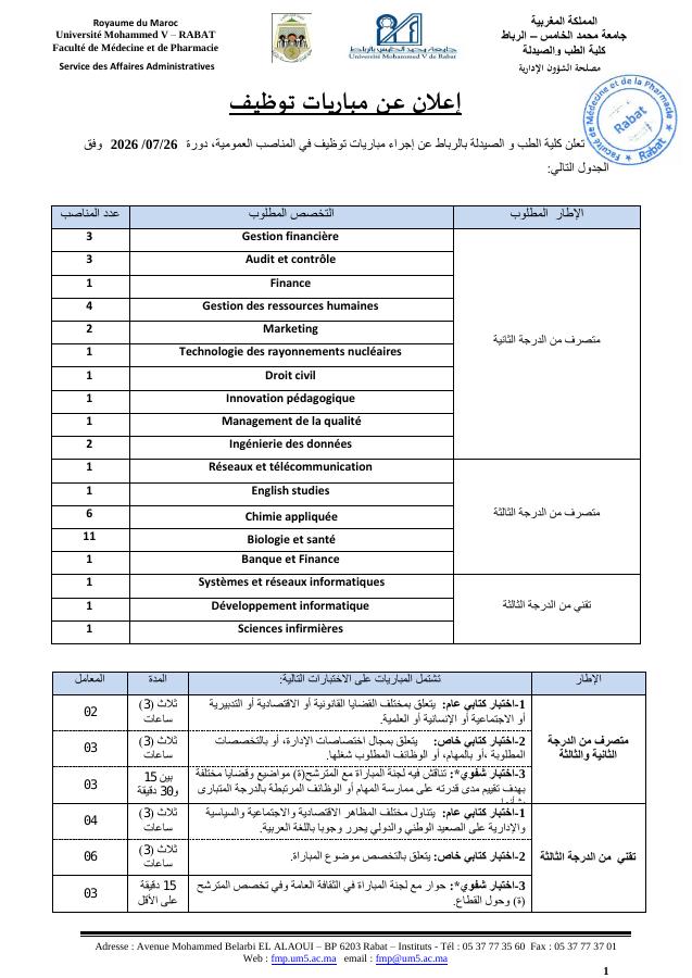 Aperçu du document officiel pour Université Mohammed V: 42 postes ouverts