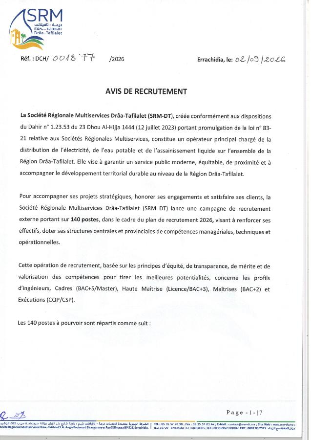 Aperçu du document officiel pour Société Régionale Multiservices Drâa-Tafilalet: 140 postes ouverts