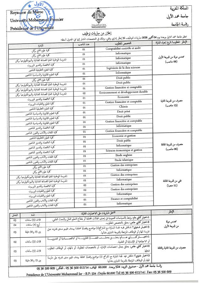 Aperçu du document officiel pour Université Mohammed Premier - Oujda: avis groupé pour plusieurs concours