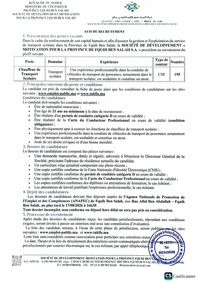 Aperçu du document officiel pour Société Développemen:t MOTIVATION POUR LA PROVINCE DE FQUIH BEN SALAH: 195 postes ouverts