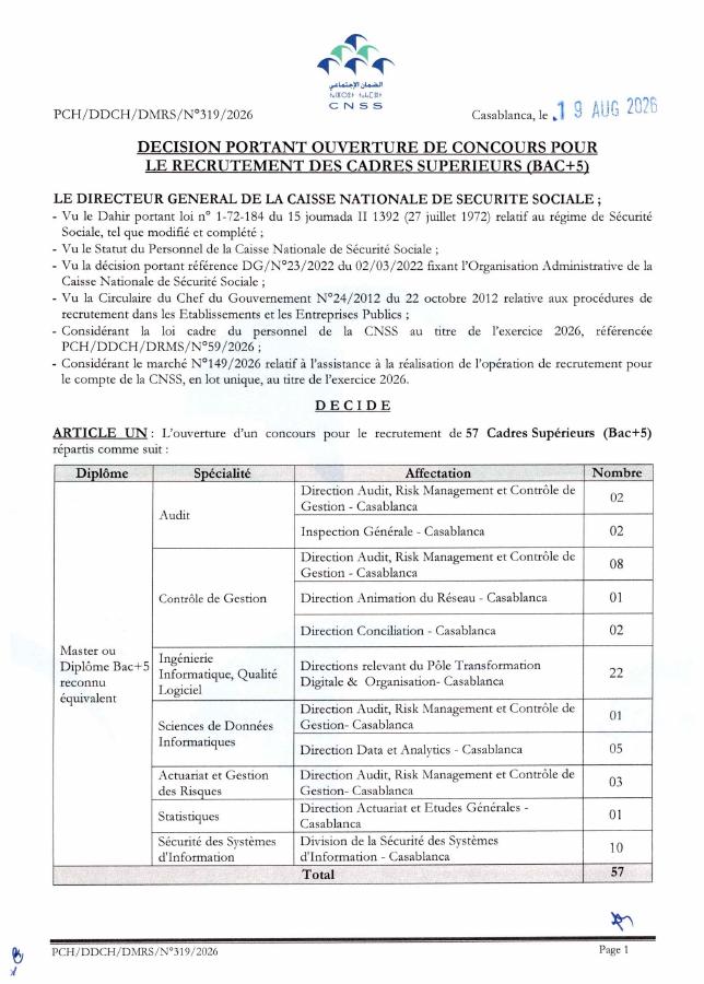 Aperçu du document officiel pour Caisse Nationale de Sécurité Sociale: vague de 4 concours publics