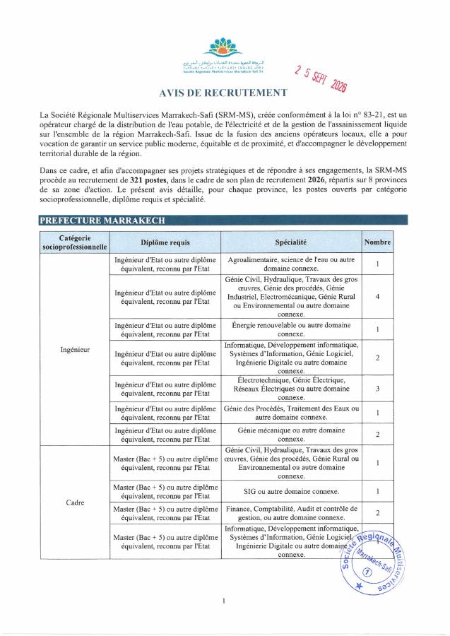 Aperçu du document officiel pour Société Régionale Multiservices Marrakech - Safi: avis groupé pour plusieurs concours
