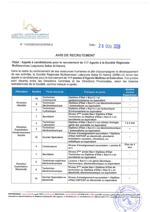 Aperçu du document officiel pour Société régionale multiservices (SRM) Laâyoune-Sakia El Hamra: avis groupé pour plusieurs concours