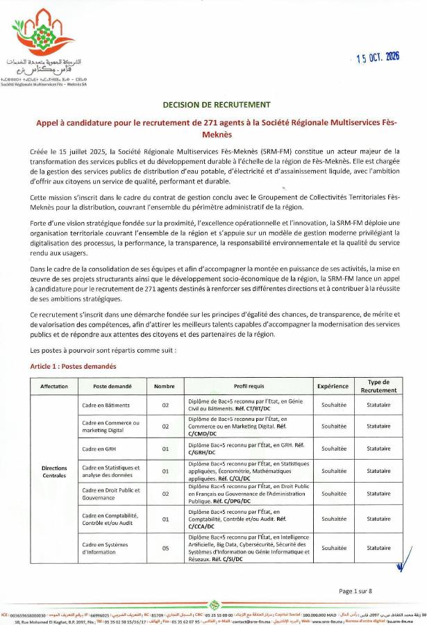 Aperçu du document officiel pour Société Régionale Multiservices Fès-Meknès: 271 postes ouverts
