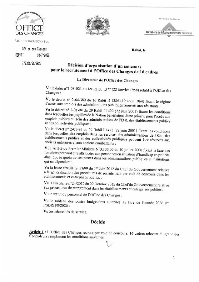 Aperçu du document officiel pour Office des Changes: 16 postes ouverts