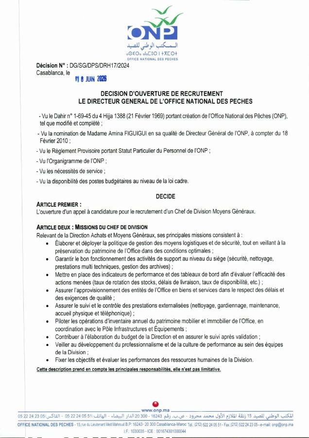 Aperçu du document officiel pour Office National des Pêches: vague de 4 concours publics
